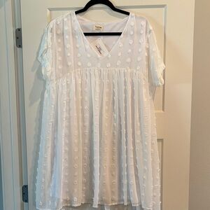 Peach Love California White Pom-Pom V-Neck Casual Dress